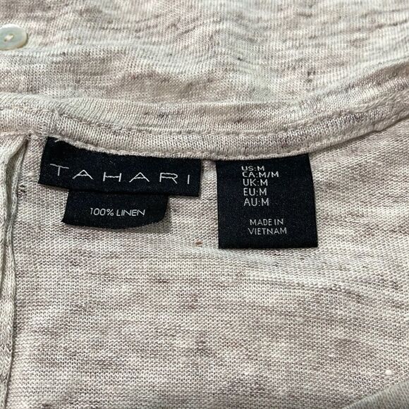 Tahari Tan Linen Space Dye Tuxedo Hem Short Sleeve Top Sz M - Picture 10 of 11